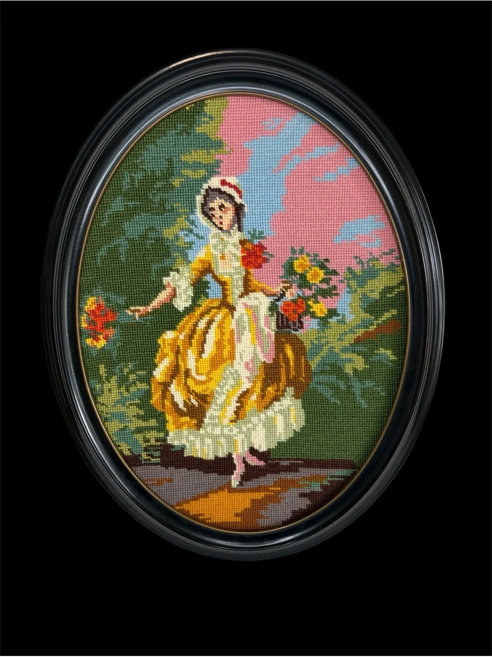 Victorian Woman Needlepoint Canvas Ball Gown Evening Dress Flowers Oval Vintage